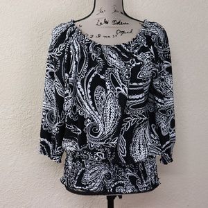 Cute Paisley Peasant Top Off Shoulder Black White